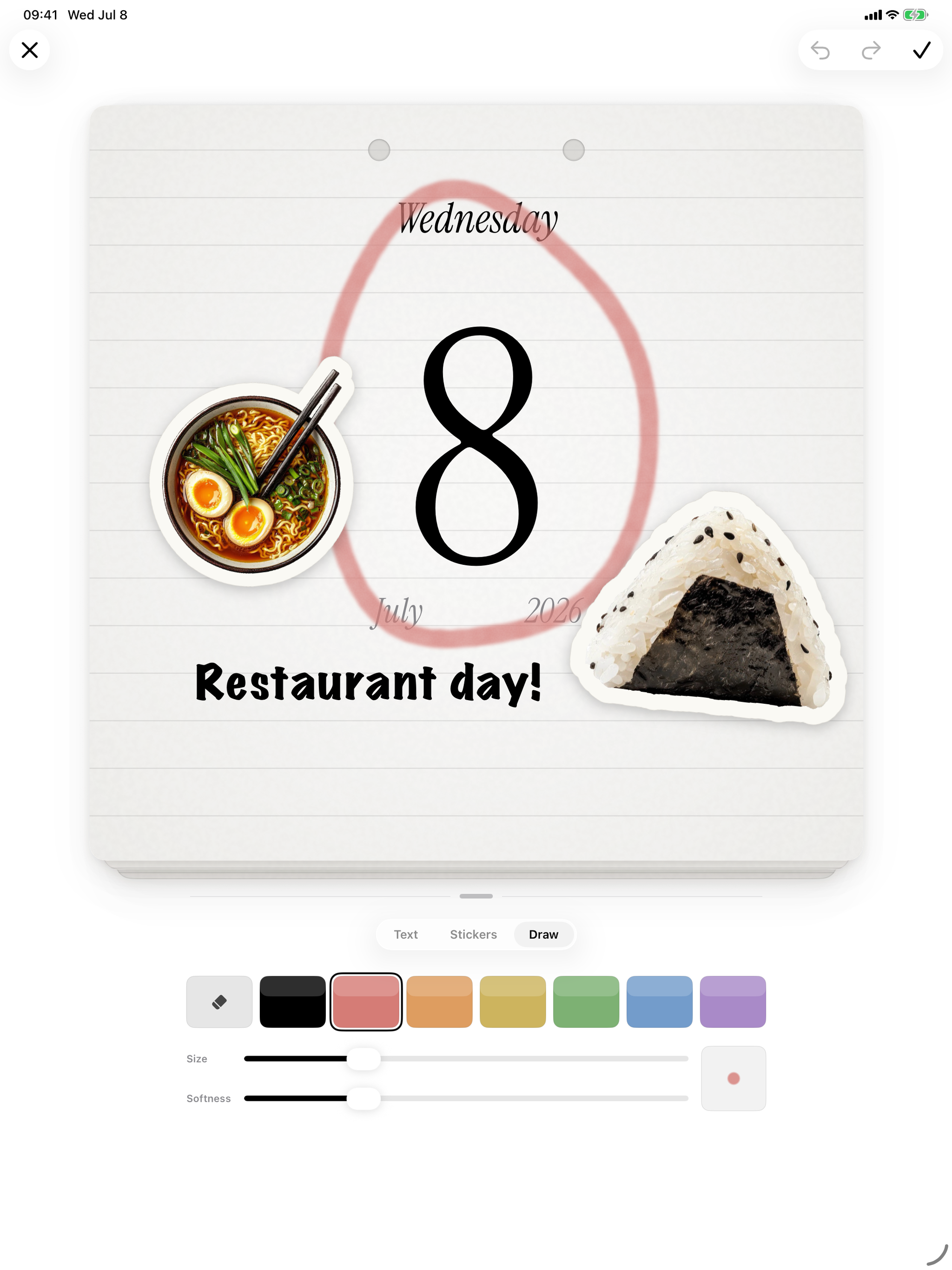 Hibi's decorate editor on iPad: ramen and onigiri stickers, a marker doodle and a circled date