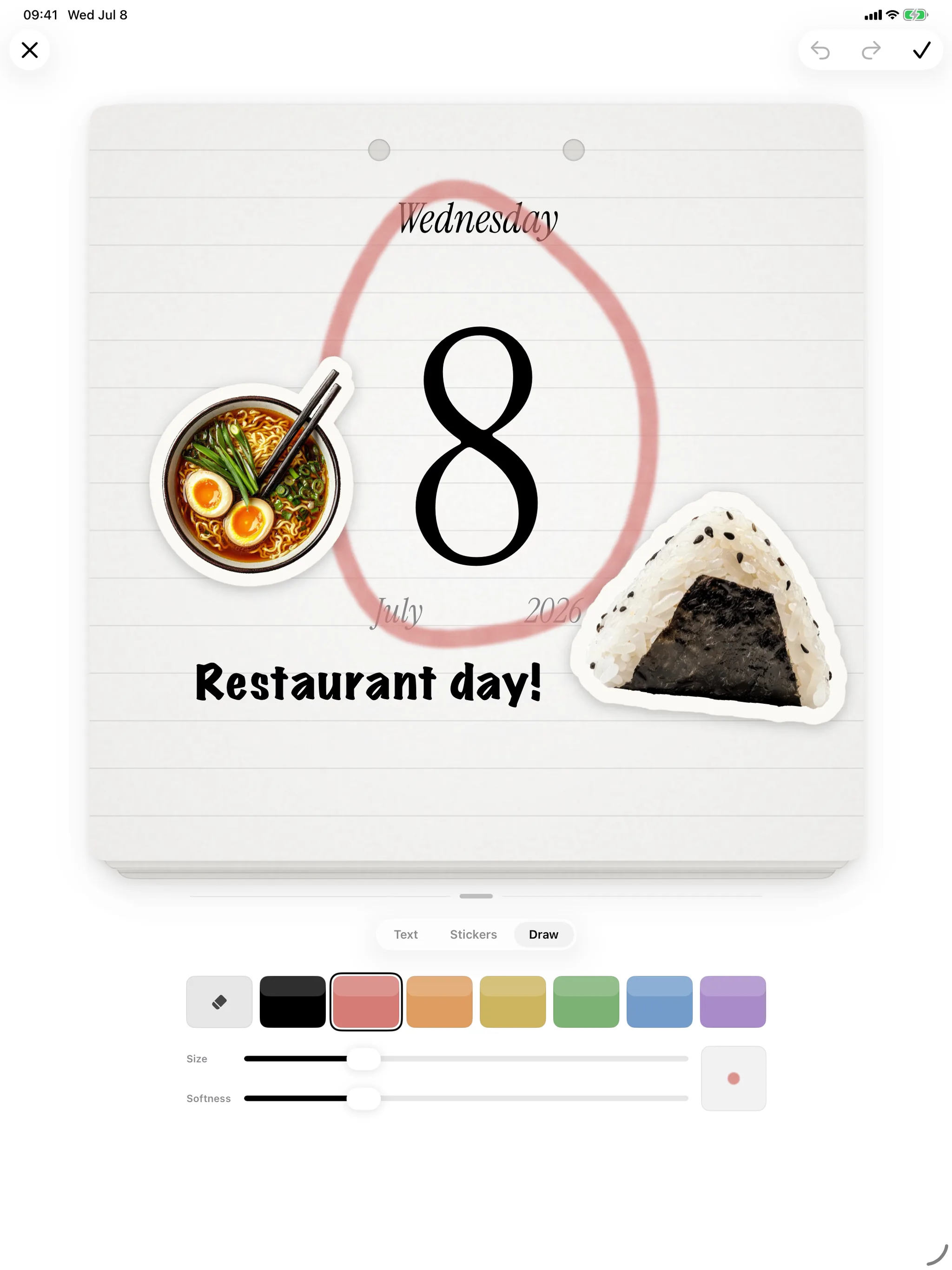 Hibi's decorate editor on iPad: ramen and onigiri stickers, a marker doodle and a circled date