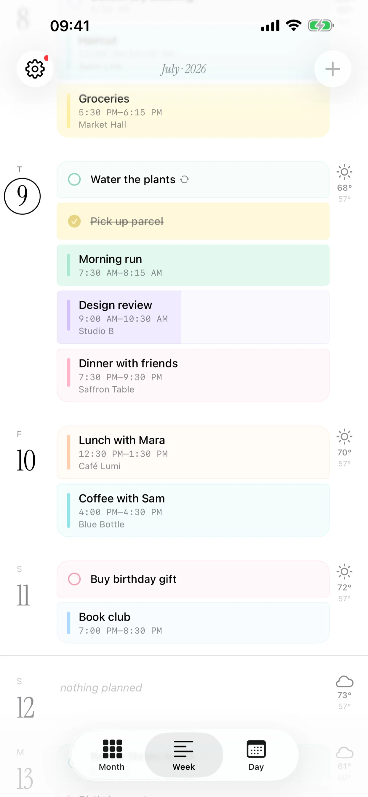 Hibi's week view: events and to-dos on each day